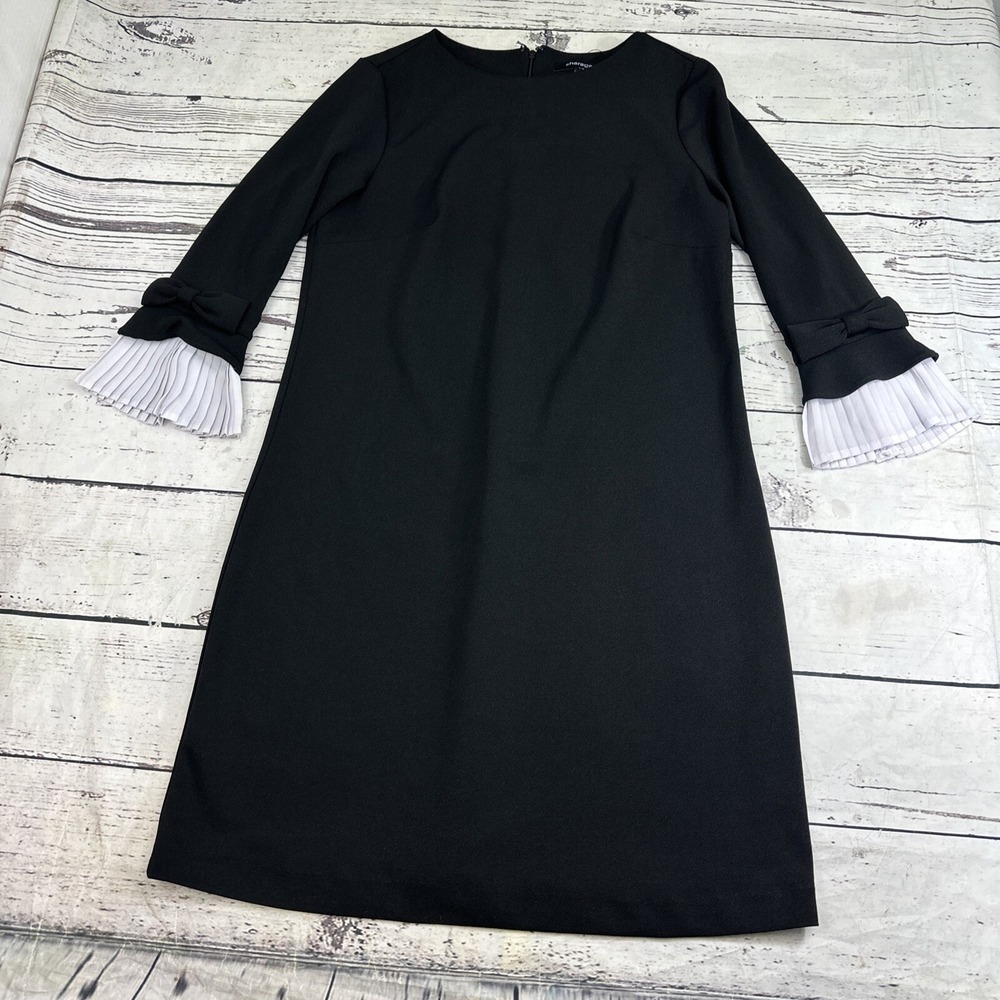 Sharagano Womens Black White Pleat Sleeve Accent Dress 2 Wednesday Addams Sheath